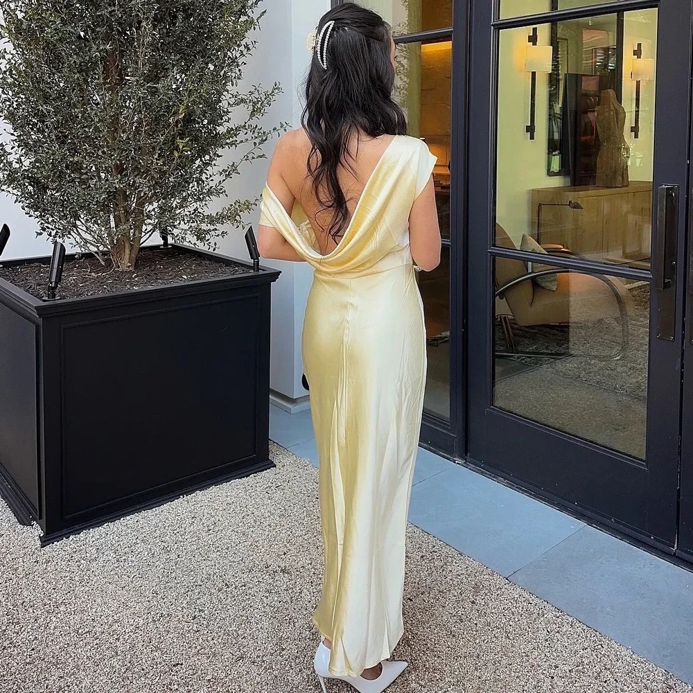 NWT Here Comes the Sun Butter Yellow Elegant Satin Maxi Dress - Picture 14 of 15
